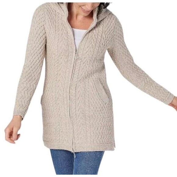 Aran Crafts Women XS Irish Wool Zip-Front Hooded Sweater Cardigan Tan Fisherman - Picture 2 of 13